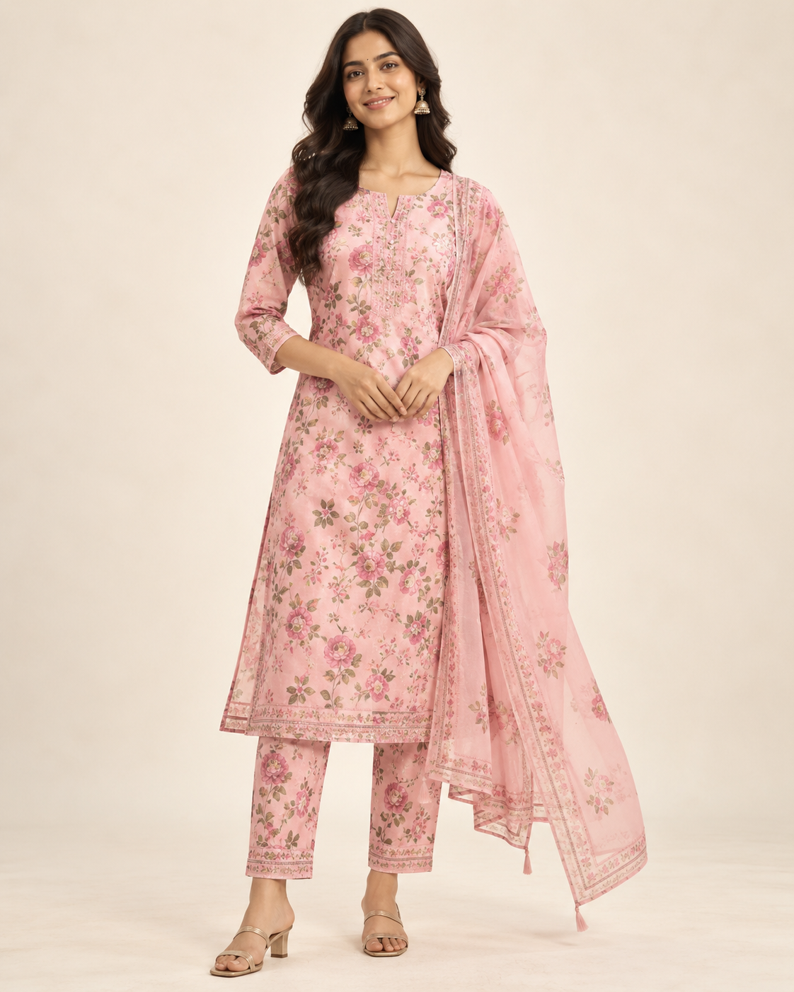 White Floral Cotton Kurta Set
